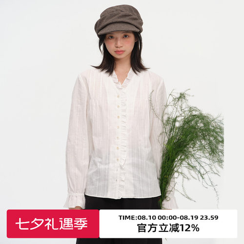 复古V领荷叶边长袖衬衫