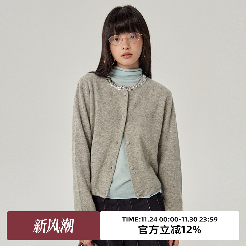 omont蛋挞家绵羊毛圆领针织开衫