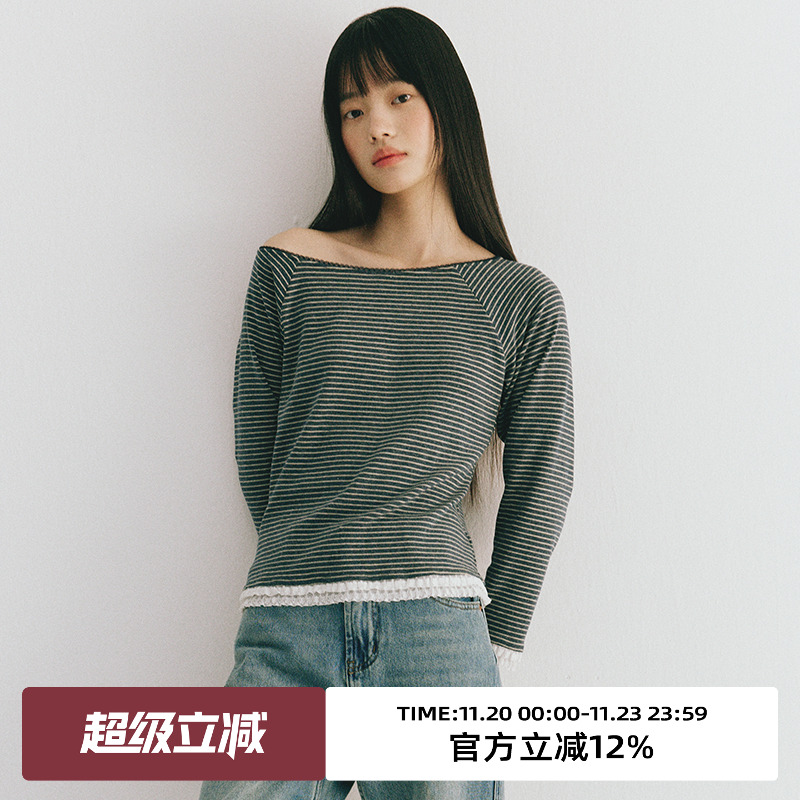 一字领领型/条纹针织/花边拼接