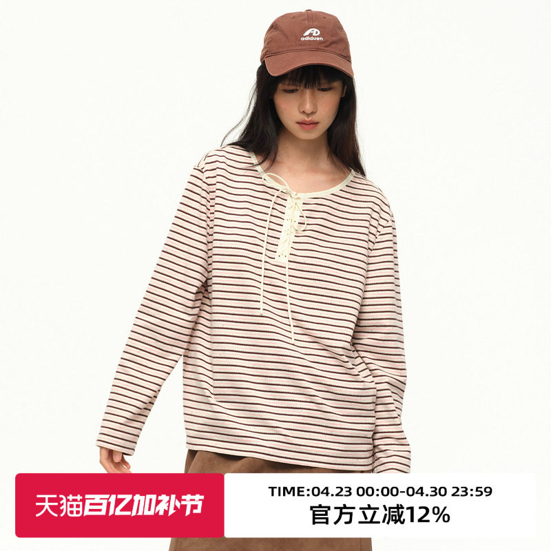 omont蛋挞家复古亨利领绑带设计条纹长袖T恤2025秋季宽松休闲上衣