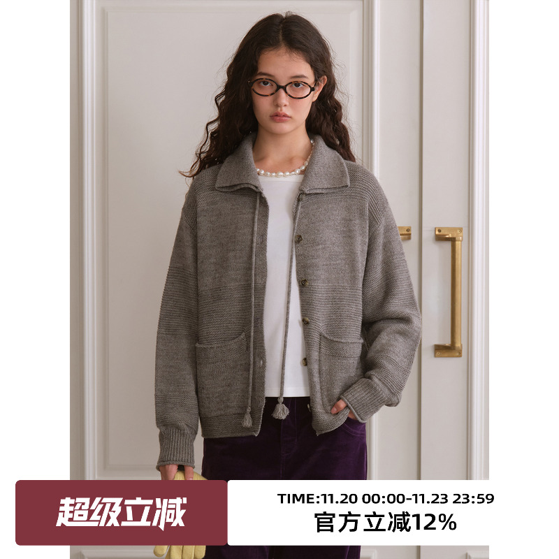 复古翻领宽松慵懒针织开衫