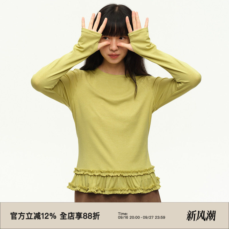 荷叶边下摆圆领长袖T恤打底衫图片