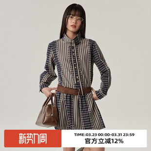 连衣裙 立领慵懒叠穿长袖 omont蛋挞家复古格子拼接衬衫 裙子春秋季