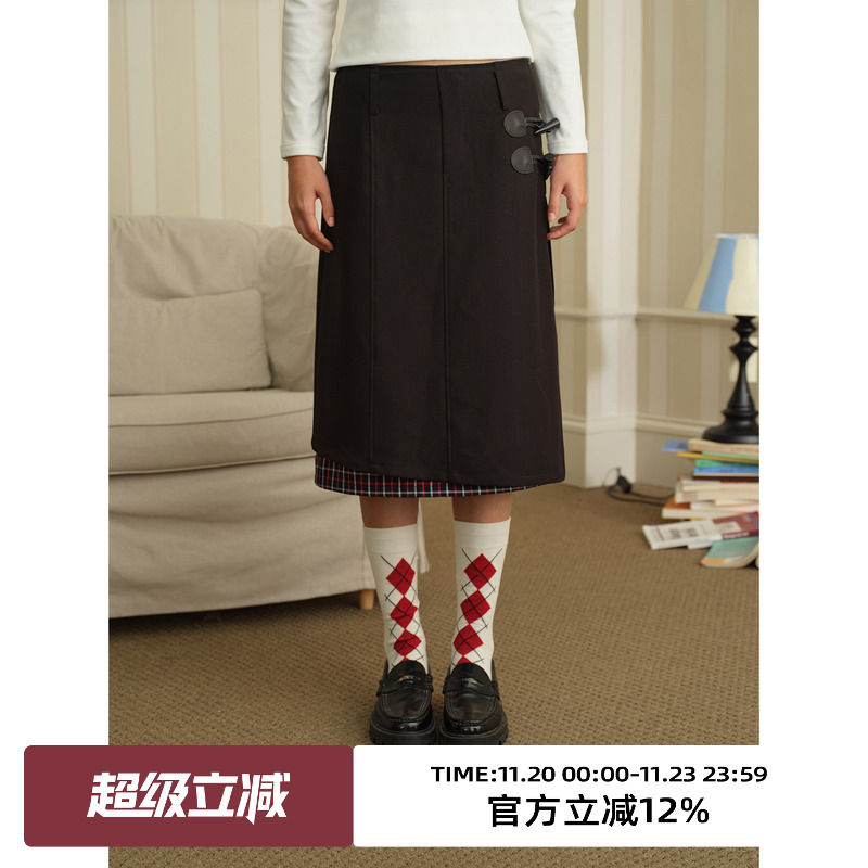 复古牛角扣设计高腰半身裙