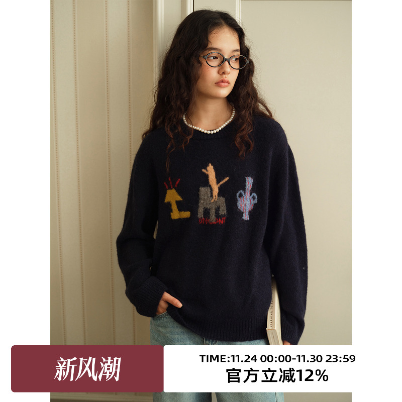 趣味猫咪提花圆领宽松学院感毛衣