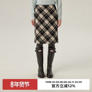 omont蛋挞家 复古黑白格纹毛呢半身裙冬高腰显瘦直筒中长裙子