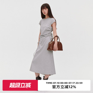 omont蛋挞家气质圆领短袖连衣裙春秋季抽绳设计收腰显瘦灰色长裙