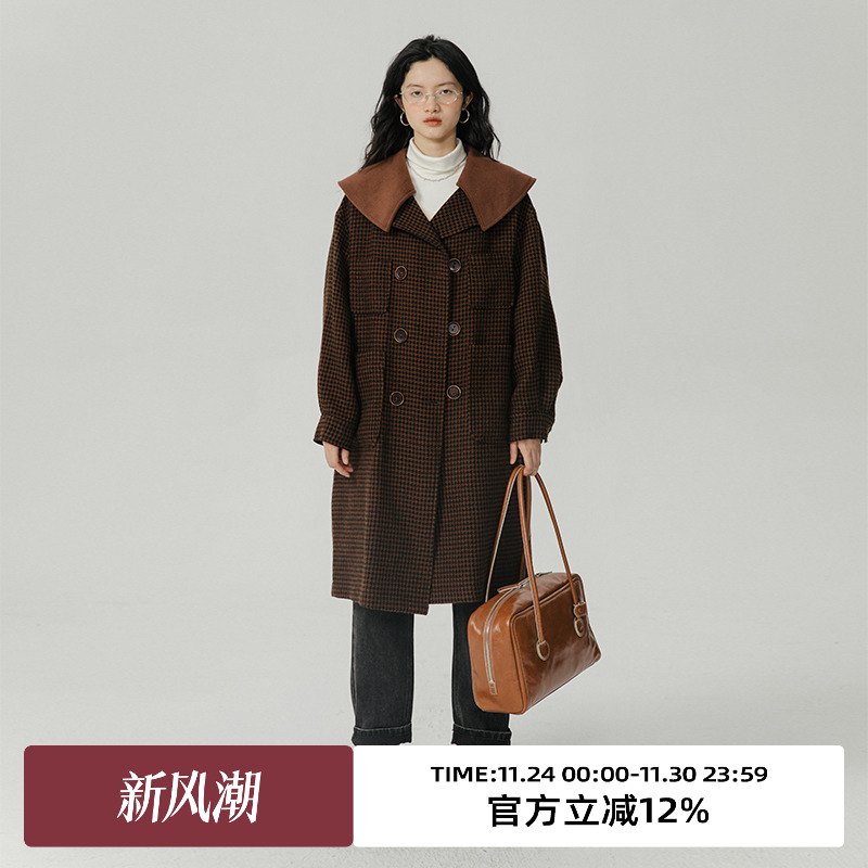 omont格纹大翻领毛呢外套