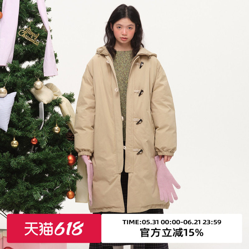 omont蛋挞家复古牛角扣连帽工装羽绒服冬长款90白鸭绒羽绒袄