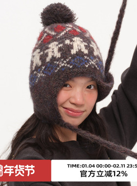 omont蛋挞家复古费尔岛护耳款毛球毛线帽子2025冬季保暖针织帽子