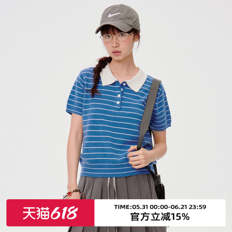 omont蛋挞家复古撞色polo领条纹针织衫秋季宽松慵懒针织毛衣