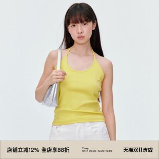 omont蛋挞家度假黄色挂脖外穿吊带背心夏季修身显瘦叠穿露背上衣