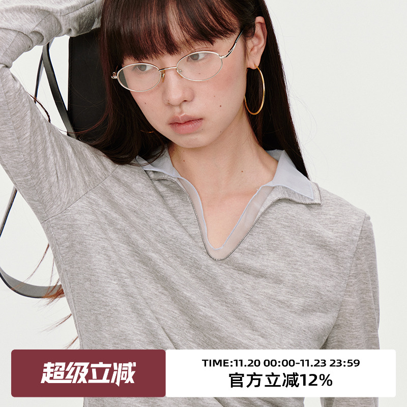 小翻领拼接欧根纱/长袖T恤