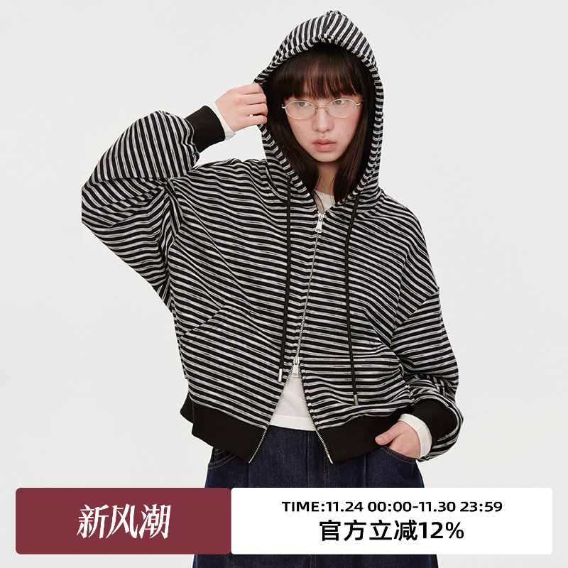 连帽设计/经典黑白条纹/连帽卫衣