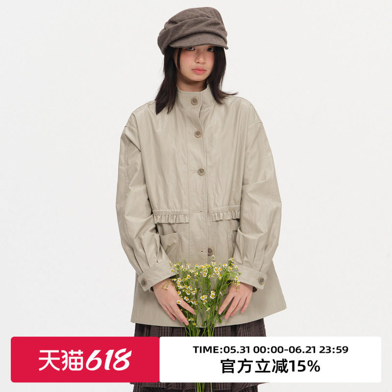 omont蛋挞复古环保PU皮立领中长款皮衣外套2026春木耳边设计上衣