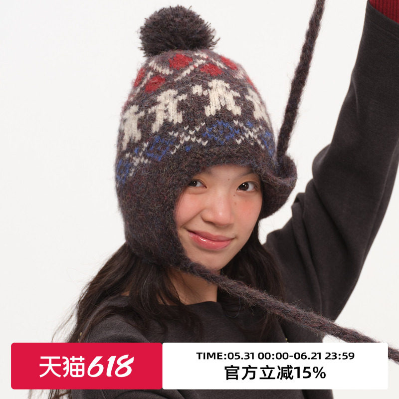 omont蛋挞家复古费尔岛护耳款毛球毛线帽子冬季保暖针织帽子