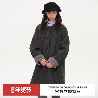 复古系带毛呢外套大衣