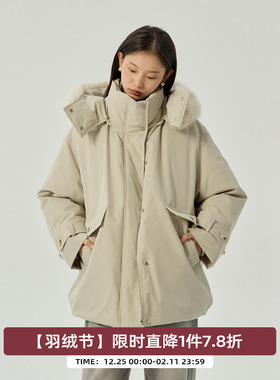 omont蛋挞家 90白鸭绒巴恩风羽绒服女冬季保暖连帽毛领工装派克服