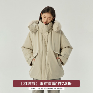 omont蛋挞家 90白鸭绒巴恩风羽绒服女冬季保暖连帽毛领工装派克服