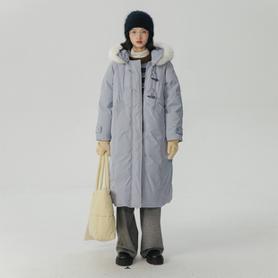 omont蛋挞家 新款 中长款 保暖加厚外套 牛角扣连帽毛领羽绒服女冬季