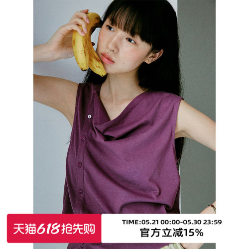 荡领设计/斜门襟贝壳扣无袖T恤