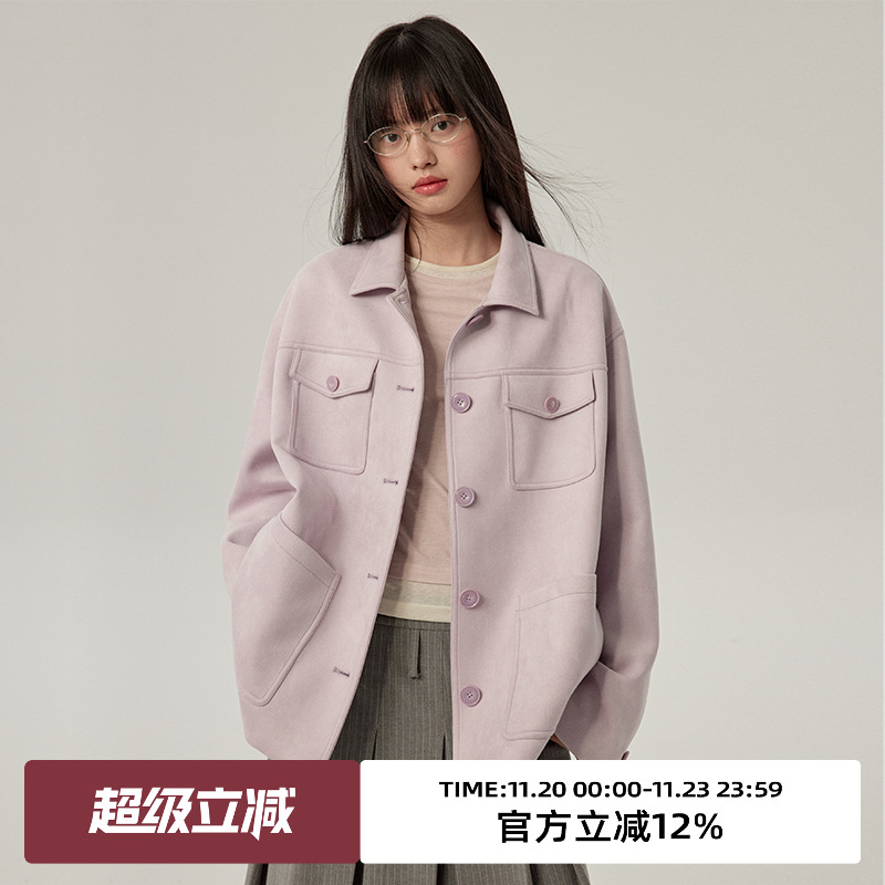 落肩/一手长/翻领麂皮外套