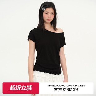 omont蛋挞家复古木耳边斜肩短袖T恤女2026夏季设计感修身显瘦上衣