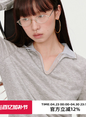 omont蛋挞家 复古撞色翻领长袖T恤2025秋季修身显瘦假两件打底衫