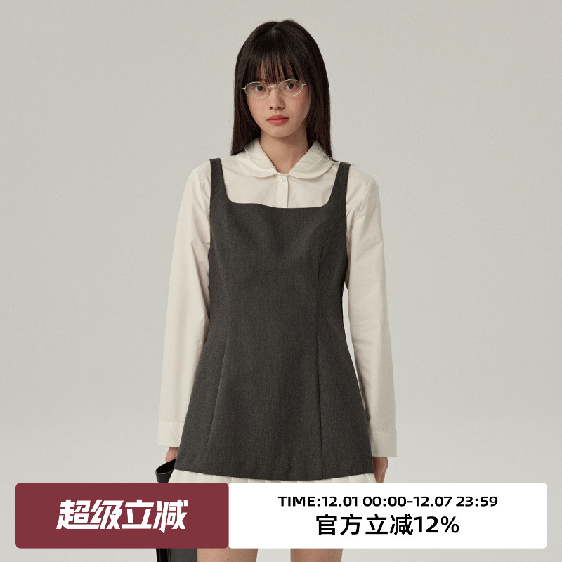 压褶/拼色设计/方领连衣裙