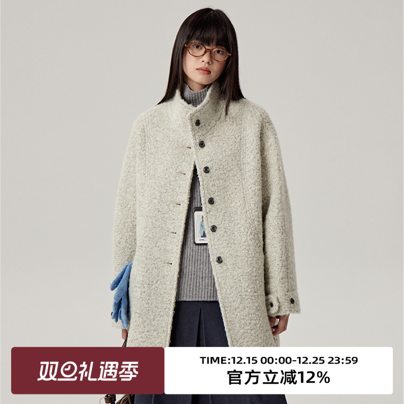 omont蛋挞家圈圈纱中长毛呢外套