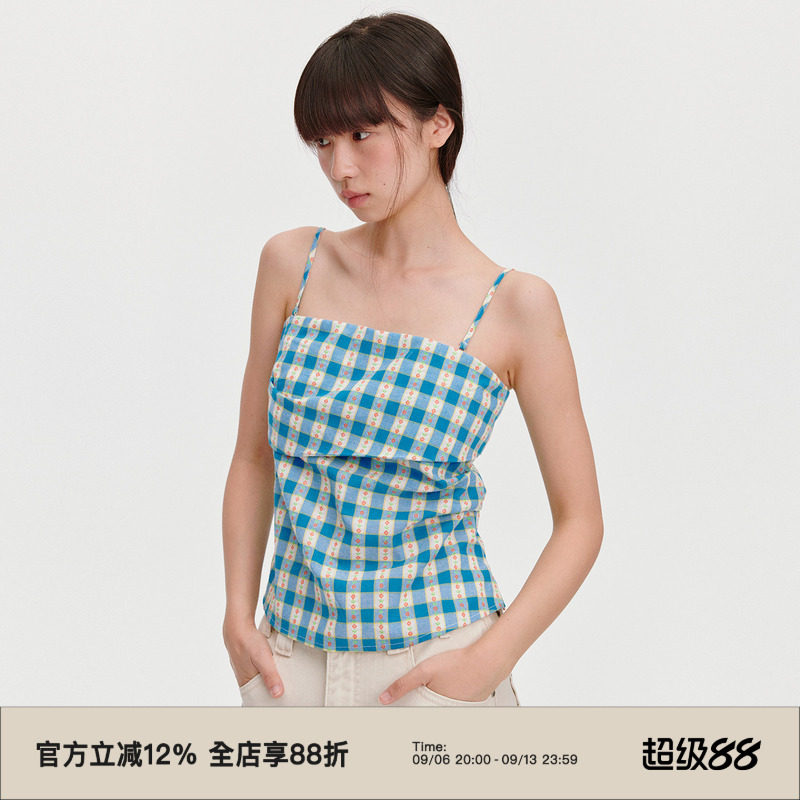 omont蛋挞家复古蓝白格子吊带背心春夏季度假风修身显瘦抹胸上衣