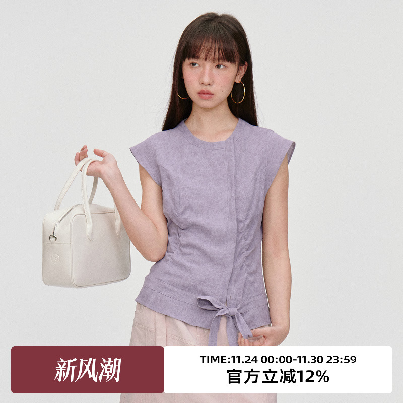 小飞袖/修身抽皱绑带/短袖衬衫