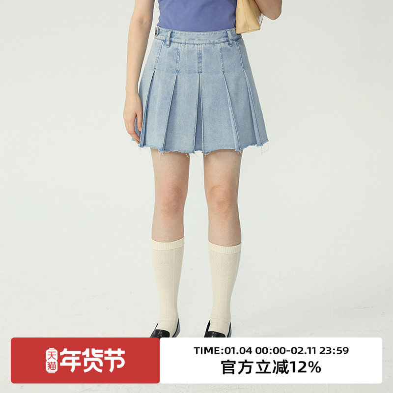 omont蛋挞家 复古牛仔半身裙女夏季年新款a字裙百褶裙短裙子,女装/女士精品,半身裙,淘宝优惠券,粉丝福利购,淘宝优惠卷