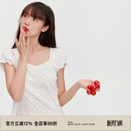 海鸥领/修身/泡泡袖碎花短袖T恤