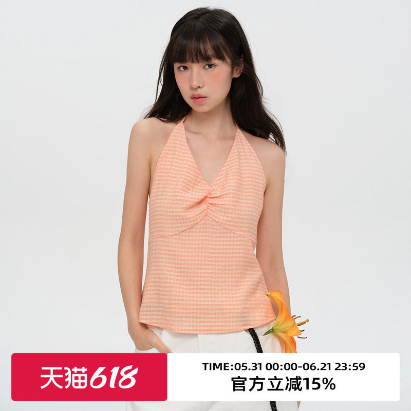 omont蛋挞莱赛尔混纺V领挂脖薄背心吊带2026夏季格子外穿漏背上衣