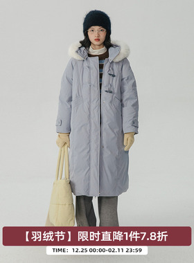 omont蛋挞家 牛角扣连帽毛领羽绒服女冬季新款中长款保暖加厚外套