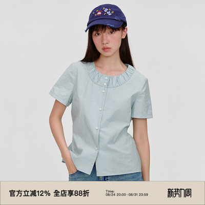 抽皱领/小正肩撞色纽扣短袖衬衫