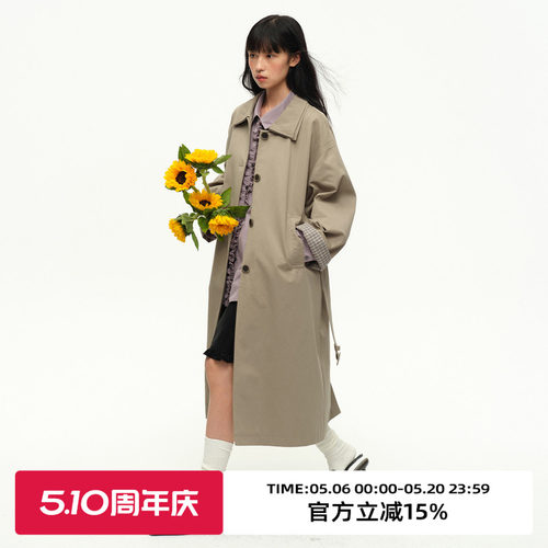 翻领单排扣长款风衣外套