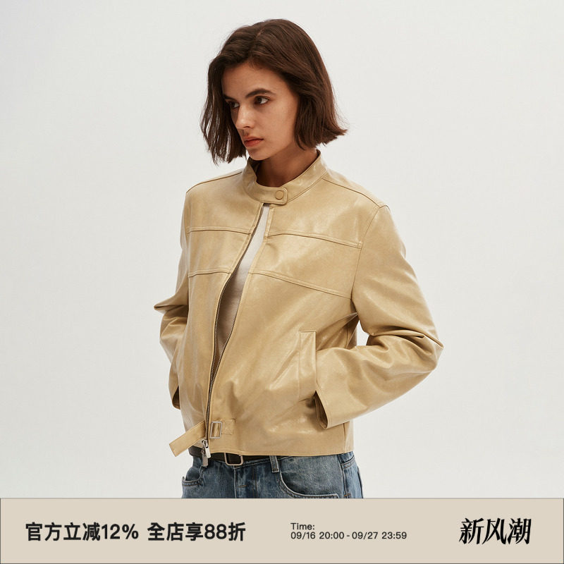 复古时髦小立领夹克皮衣外套图片