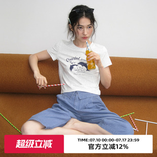 omont蛋挞家复古海豚印花圆领短袖T恤2026夏季正肩修身显瘦上衣女
