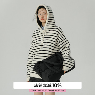 omont蛋挞家 宽松软糯针织卫衣上衣 连帽条纹毛衣女春秋款 2023新款