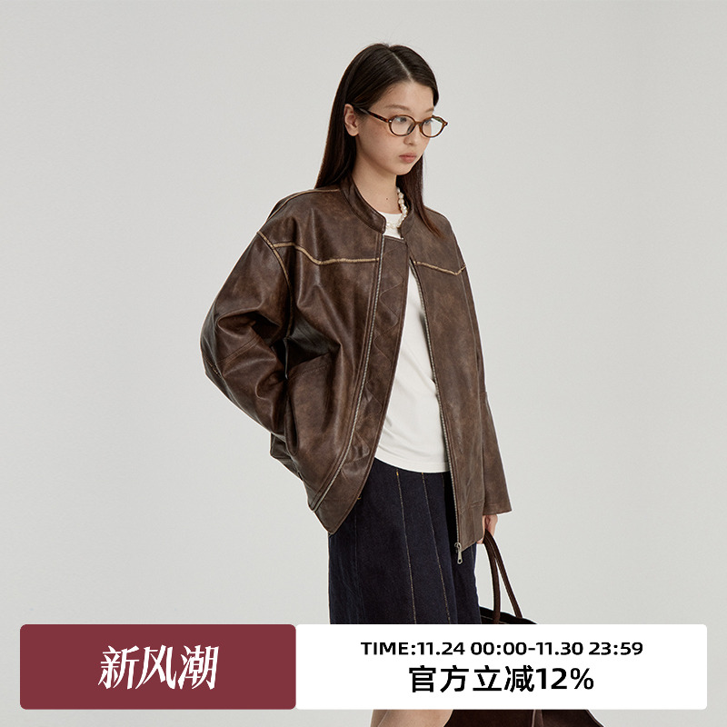 omont蛋挞家宽松复古皮衣