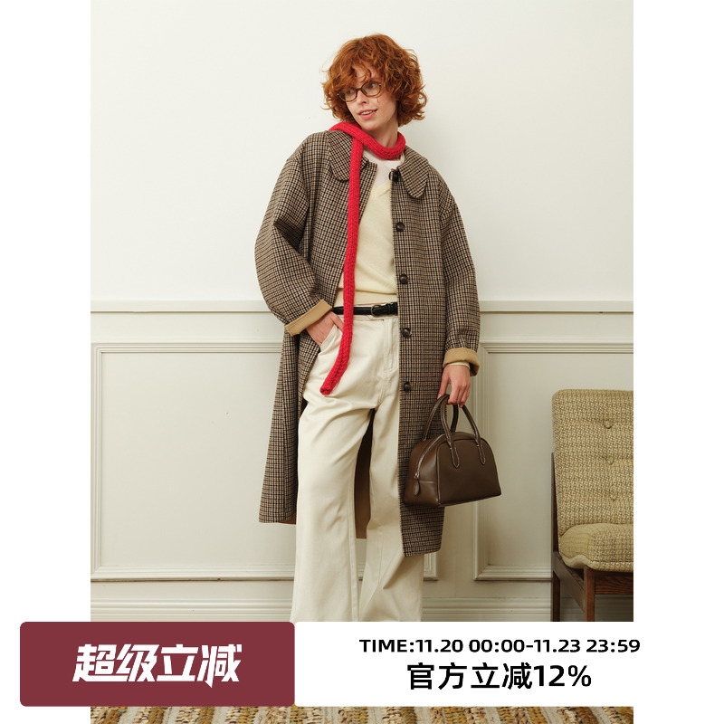 复古两面穿千鸟格大毛呢外套大衣