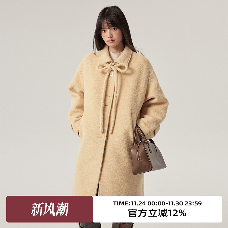 omont蛋挞家中长蝴蝶结毛呢外套