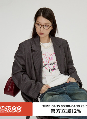 omont蛋挞家 复古灰色西装外套女春秋季高级感慵懒宽松休闲西服