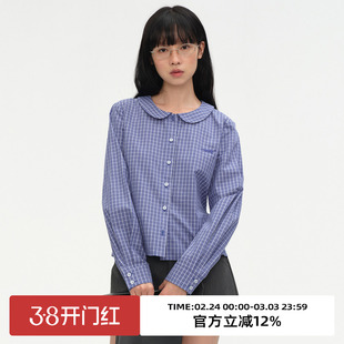 omont蛋挞家娃娃领蓝格子衬衫2025秋修身学院风狐狸刺绣上衣衬衣