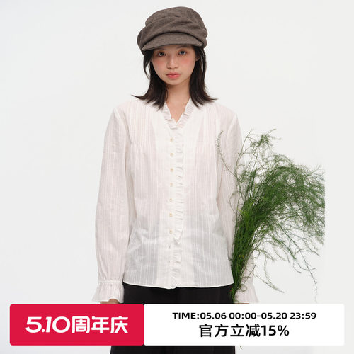 复古V领荷叶边长袖衬衫