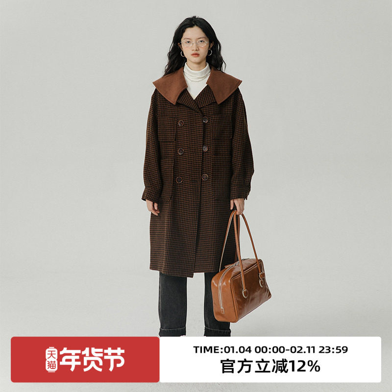 omont蛋挞家 格纹大翻领毛呢外套女秋冬复古宽松中长款呢子大衣,女装/女士精品,毛呢外套,淘宝优惠券,粉丝福利购,淘宝优惠卷