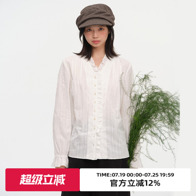复古V领荷叶边长袖衬衫
