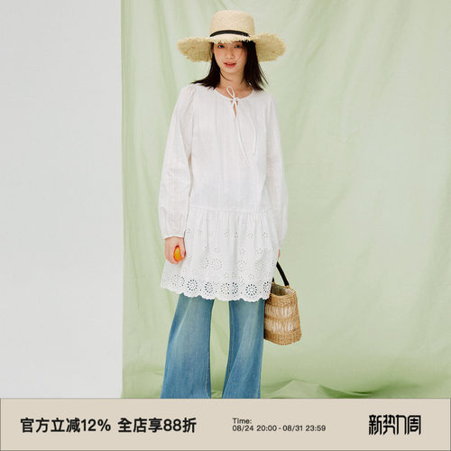 复古棉布绣花系带连衣裙